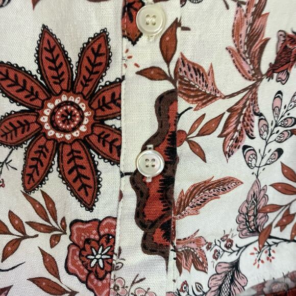 Joie Floral Red & Cream Linen Blend Balloon Sleeve Button Up Blouse Size M - Picture 6 of 10